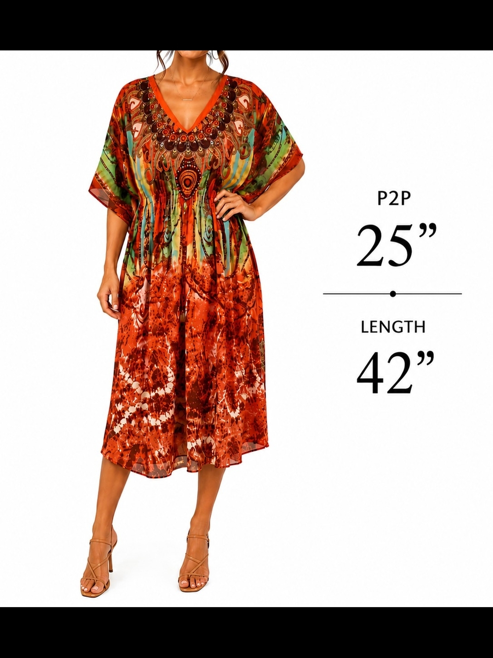 Boho V-Neck Midi Dress in Rust & Green